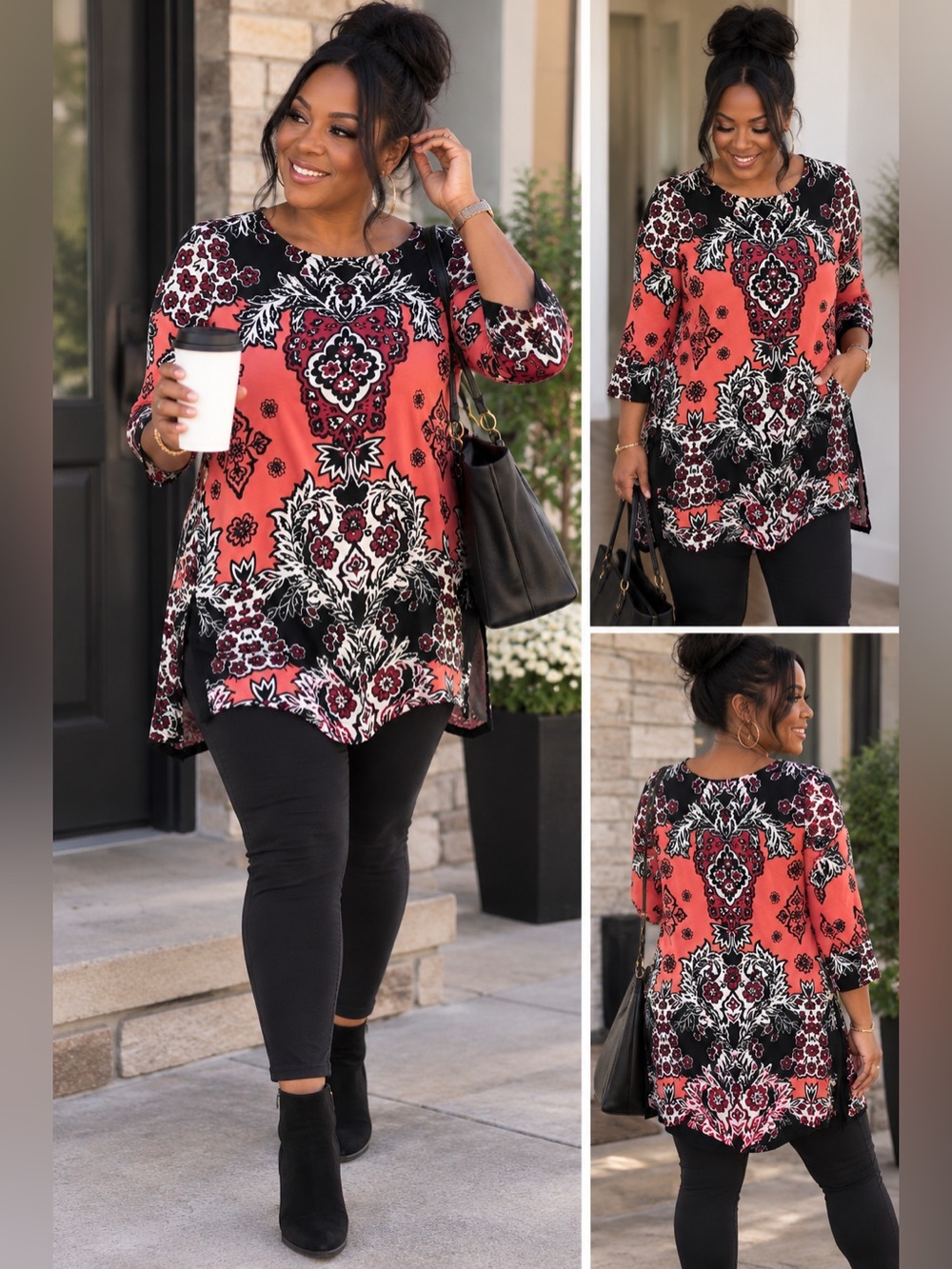 H&M Coral and Black Floral Tunic Top